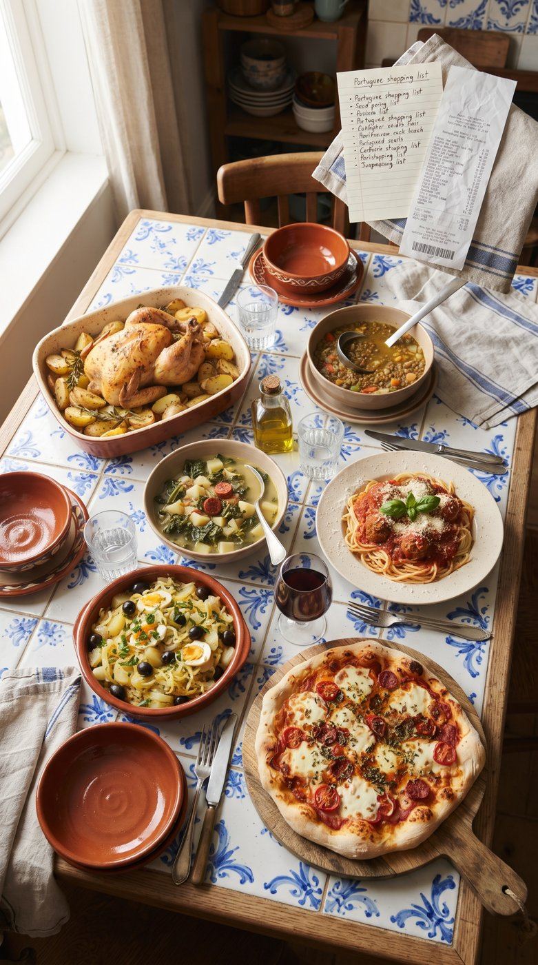 Mesa de azulejos azuis com vários jantares portugueses caseiros: sopa, massa com almôndegas, bacalhau à Brás e pizza