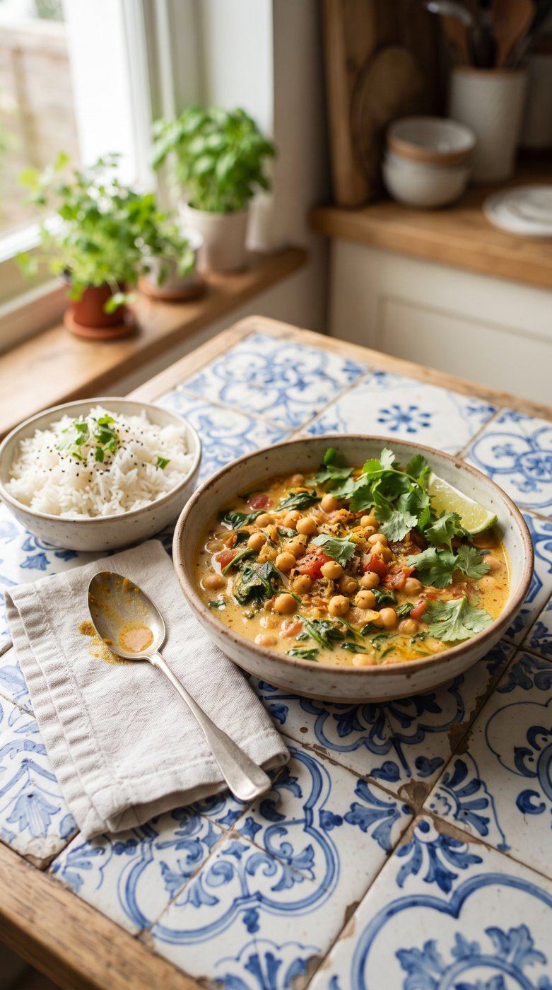 Caril de grão com arroz
