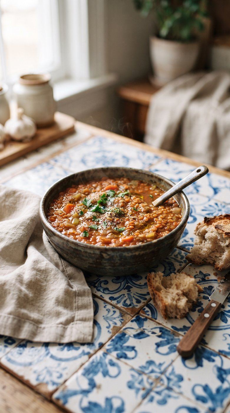 Sopa de lentilhas com pão